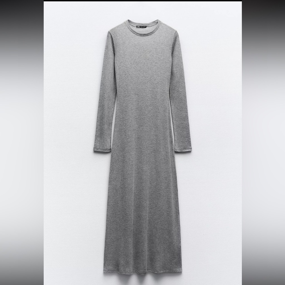 Zara basic Gray Long Sleeve Crew Neck lightweight soft long Dress